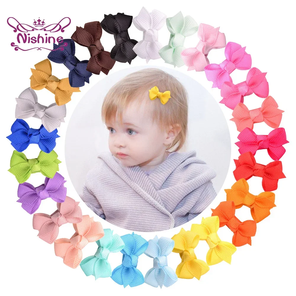 Nishine 10pcs/lot Lovely Handmade Grosgrain Ribbon Bowknot Infant Hair Clips Solid Color Baby Bangs Hairpins Photography Props