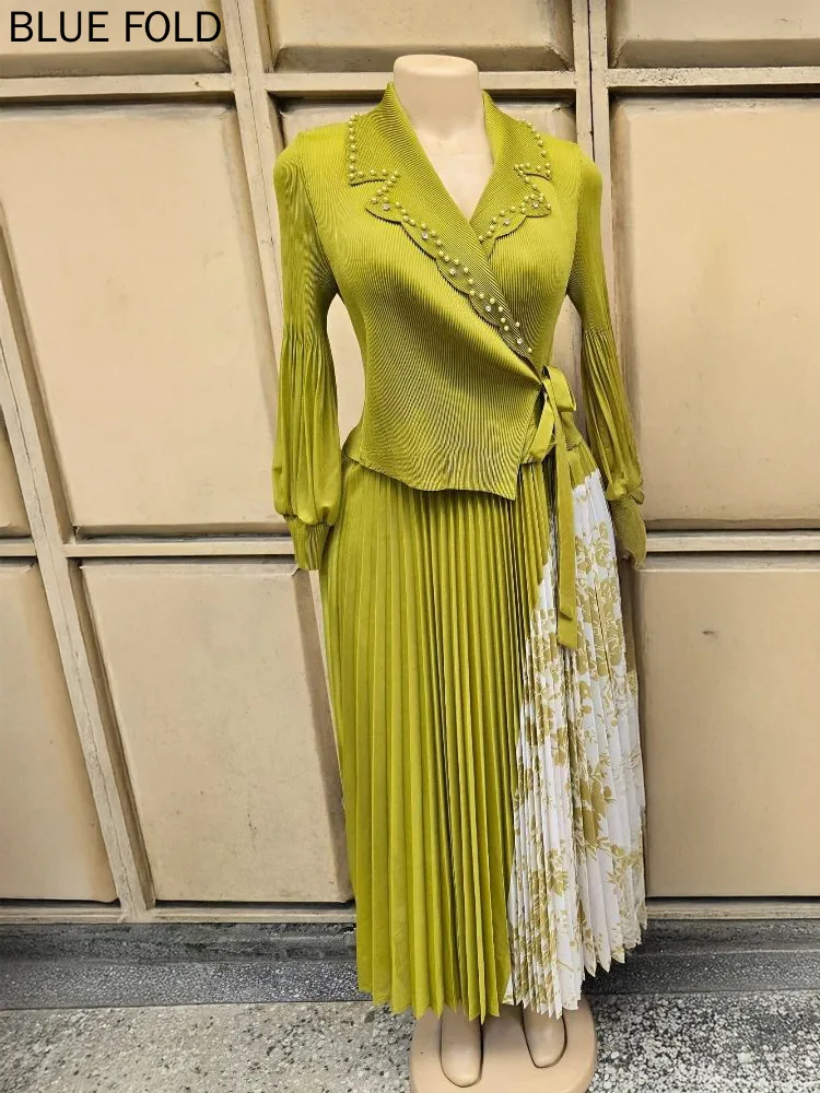 Grote maat Miyake tweedelige set voor dames, geplooid shirt en bedrukte rok, hoogwaardige stijlvolle Sense-outfit