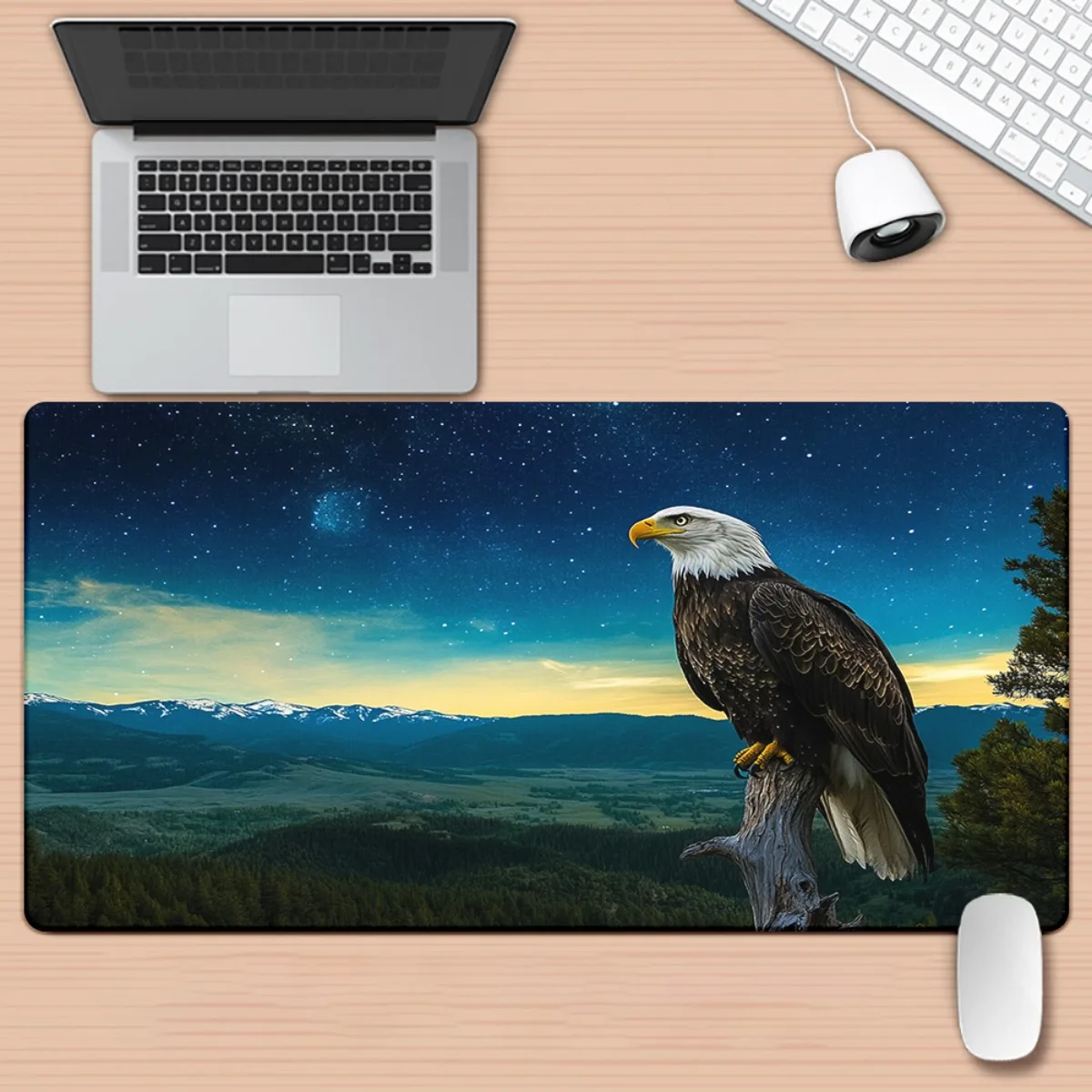 

XXL Non-Slip Rubber Base Gaming & Office Mouse Pad - Eagle on Mountain Horizon Starry Night Design, Large Desk Mat for Computer,