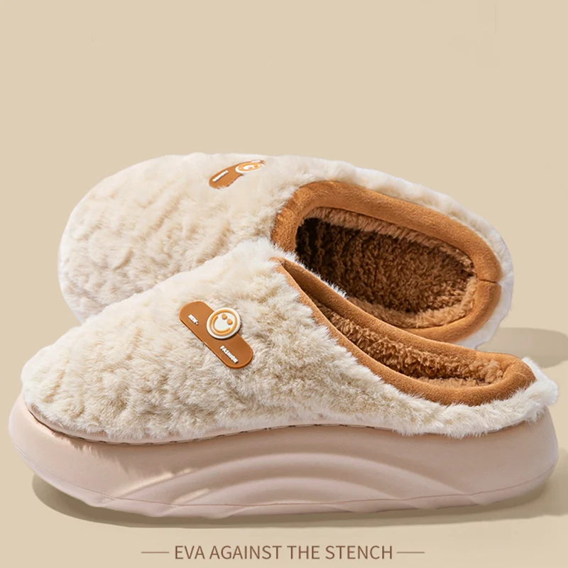 

Хлопковые тапочки на толстой подошве для женщин, зима 2025 года, домашние нескользящие домашние хлопковые тапочки, женские теплые плюшевые шлепанцы из искусственного меха