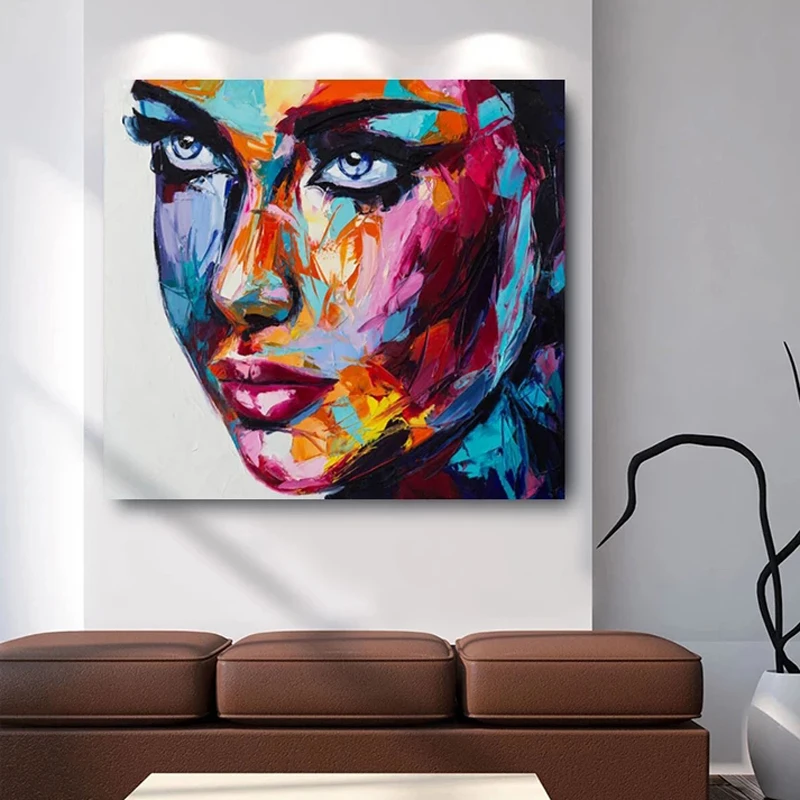 Pure Hand Painted Pop Portrait Impasto Oil Painting, Chunky Palette Knife Rainbow Lady Face Square Canvas Urban Loft Wall Art