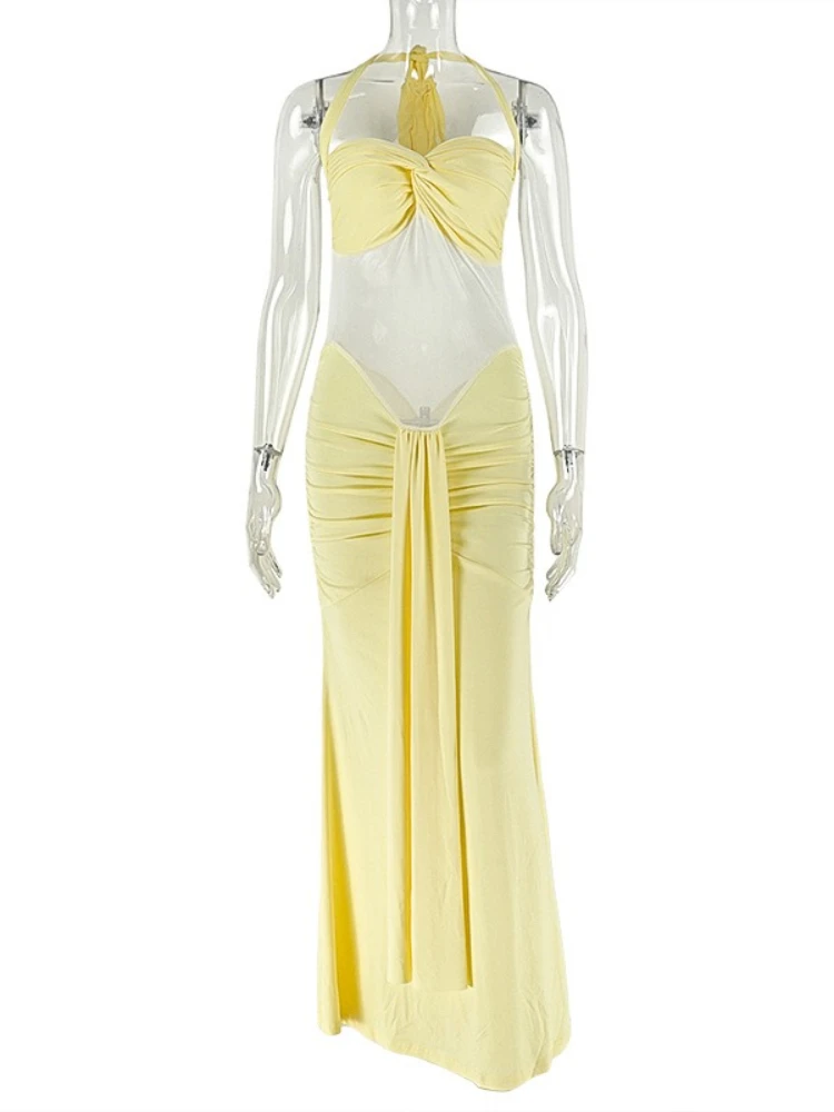 Sukienka długa Foamlina z krzyżującymi się ramiączkami, marszczeniami, seksowna, damska, modna, z prześwitującą siateczką, dopasowana, bez pleców, suknia wieczorowa 2025