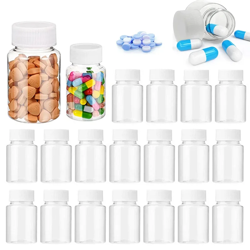 

100pcs 15ml-100ml Clear Plastic Pill Bottles with Seal Cap Empty Reagent Bottle Reusable Chemical Capsules and Storage Container