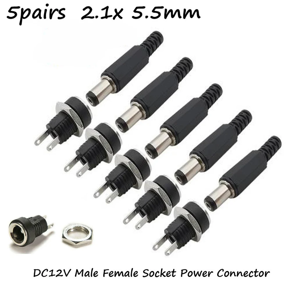 

5 Pair DC Connector 5.5x2.1mm DC Power Barrels Plug Male Female Jack Nut Panel Mount DC Power Adapter Connector 5.5*2.1