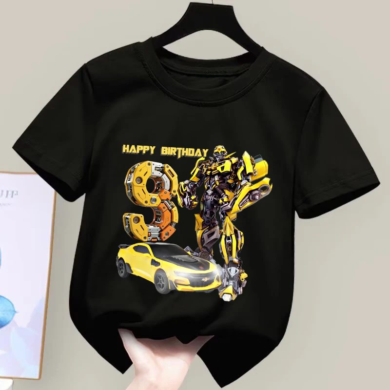 

Футболка с изображением Трансформеров Бамблби для детей, на день рождения, с номером, для вечеринки, с мультяшными персонажами, для мальчиков, с коротким рукавом, подарок