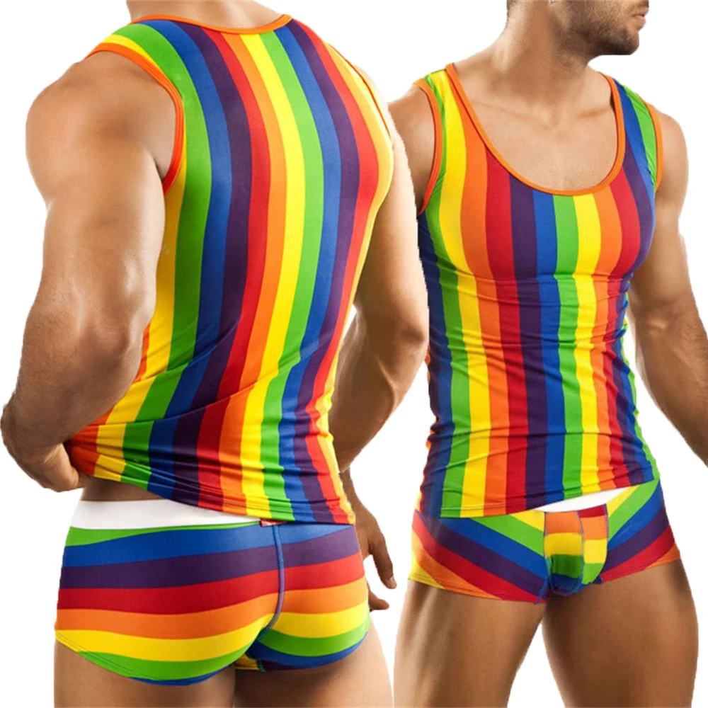 Men's Sexy Rainbow Striped Pajamas Set Stripe Printed Sleeveless Summer Tank Top+boxer Shorts Homewear Sexy Shorts Set Shapewear