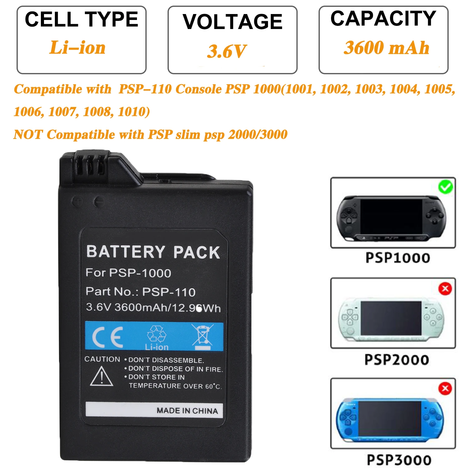 Batería de PSP-110 de 3600mAh para Sony PSP 1000, PSP1000, 1001, 1002, 1003, 1004, 1005, 1006, 1007, 1008, serie PSP