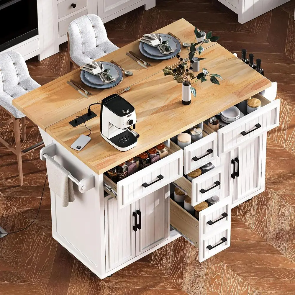 

56.5 Rolling Kitchen Island with Drop Leaf, Built-in Outlet, 5 Drawers, 4 Cabinets, Locking Wheels, Storage with Barn Door