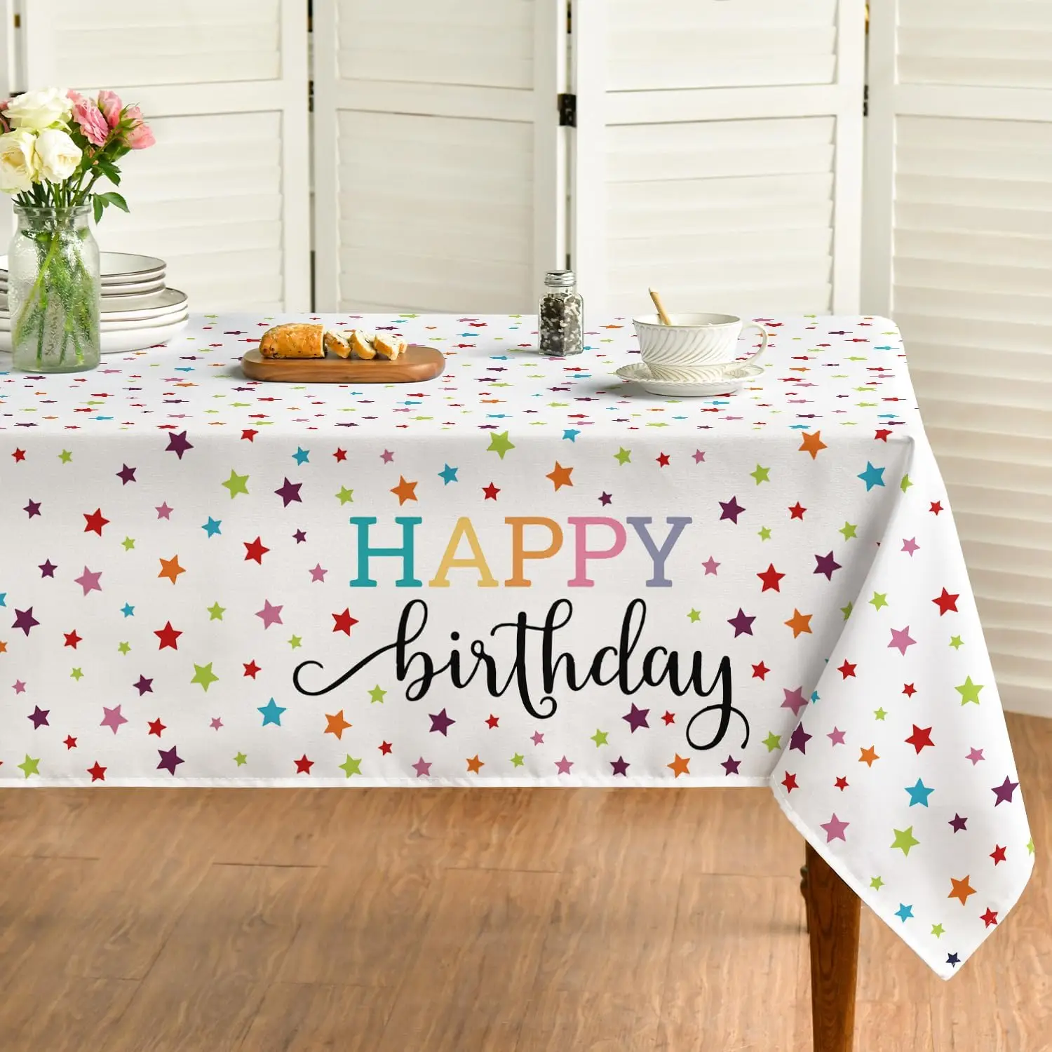 Happy Birthday Rectangle Tablecloth for Table Decor Colorful Stars Printed Kitchen Dining Table Cloth Birthday Party Decorations