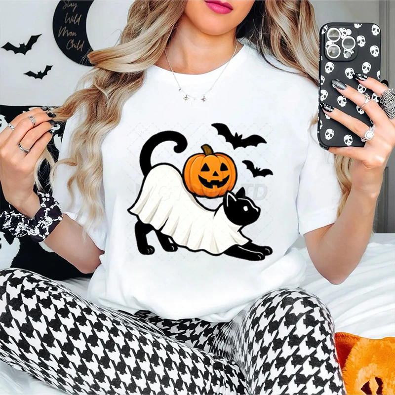 

Women's Clothing Halloween Pumpkin Vintage T Shirts Cute Ghost Cat Spooky Season T-shirt Women Funny Gift Cute Animal Print Tops