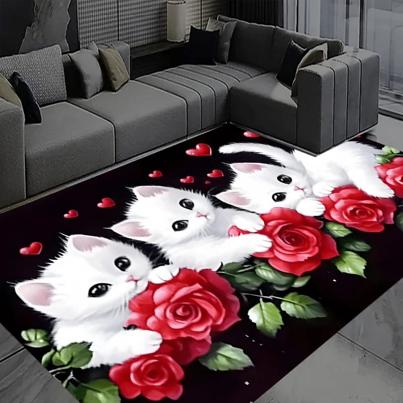 Cute White Cat Flannel Rug Red Rose Heart Print Floor Mat Soft Non-slip Area Carpet for Living Room Bedroom Home Decor