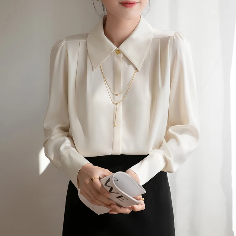 Women Spring Simplicity Slim Office Lady CHAIN Solid Color Square Collar Long Sleeve Shirts Women Clothes Casual All-match Tops