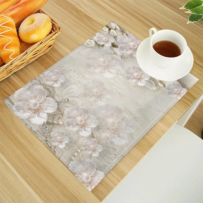 Rose Flower Print Linen Dining Table Mats Alphabet Kitchen Placemat 32X45cm Coasters Pads Bowl Cup Mat