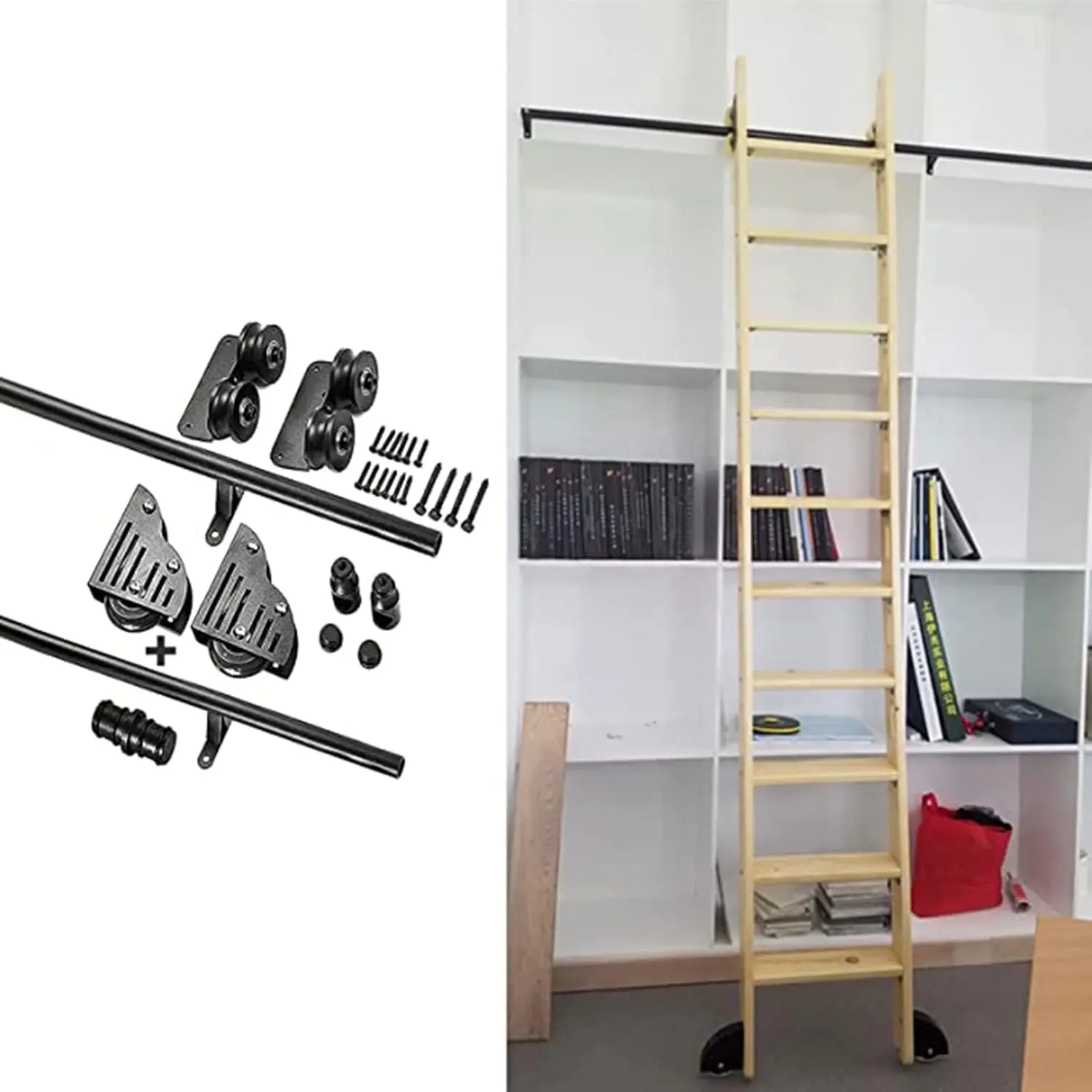 3.3Ft-20Ft Sliding Barn Door Kit Library Rolling Ladder Hardware Track/Rail Kit, Sliding Ladder Library Full Set Hardware (No