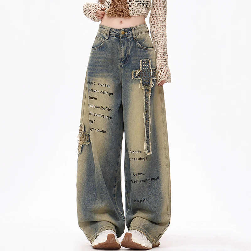 Tie-dye Graffiti Curved Jeans Women High Waist Wide Leg Cargo Pants Hip-hop Loose Casual Ripped Tassel Letter Denim Pants Jeans
