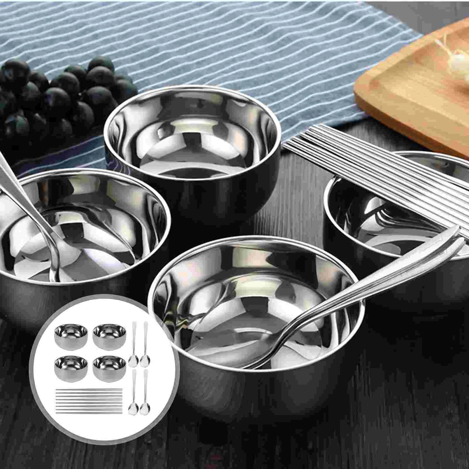 

Bowl Chopsticks Spoon Set Kitchen Tableware Ramen Portable Cutlery Reusable Stainless Steel Metal Travel