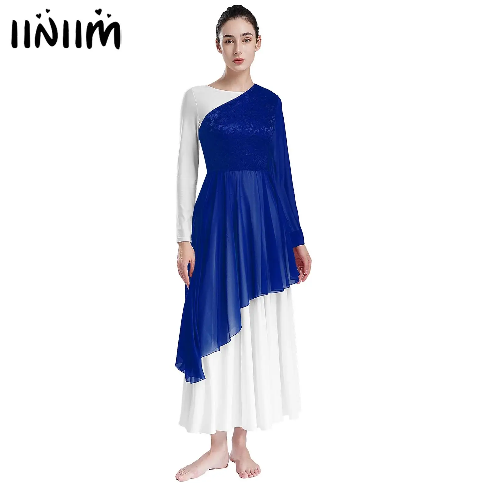 Womens Lyrical Liturgical Praise Overlay Tunic Dress One Shoulder Flared Sleeve Irregular Hem Gymnastic Ballet Worship Dancewear