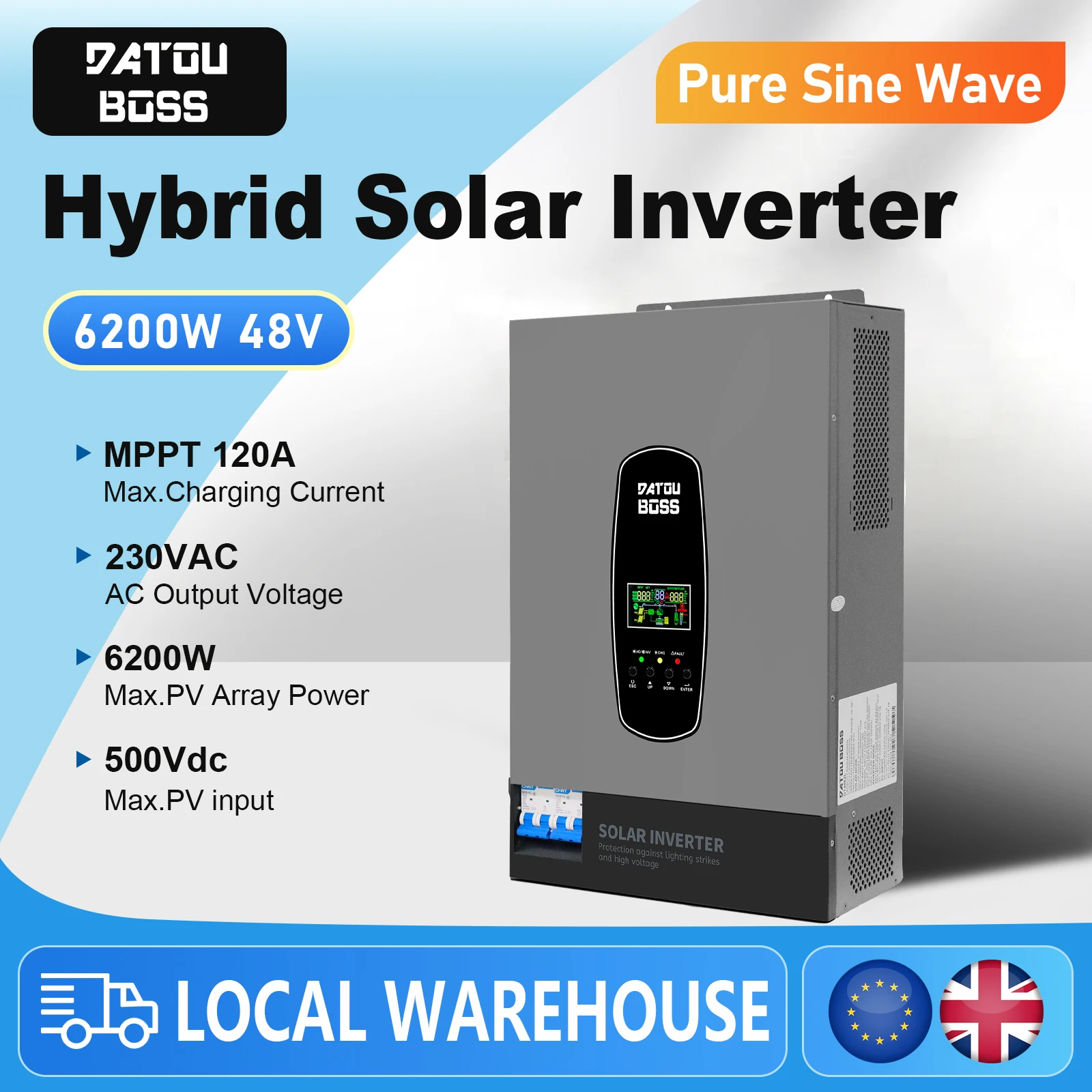 

DATOUBOSS 6200W Solar Hybrid Inverter DC 48V To AC 230V with MPPT Pure Sine Wave Inverter Voltage Converter Max PV 500V
