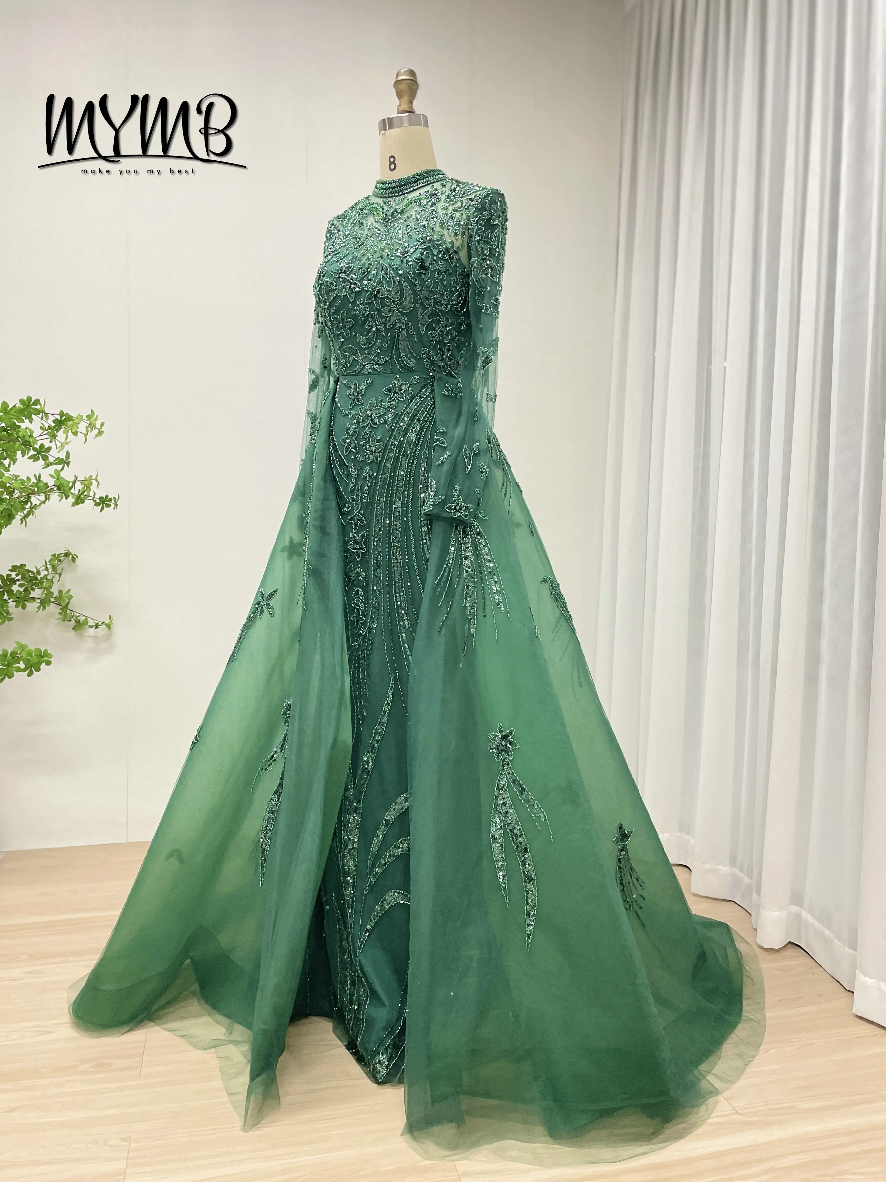 Elegancka suknia wieczorowa w stylu syreny w kolorze dubajskiej zieleni dla panny młodej, luksusowe suknie ślubne z haftem i koralikami, muzułmańskie długie suknie MY30035B