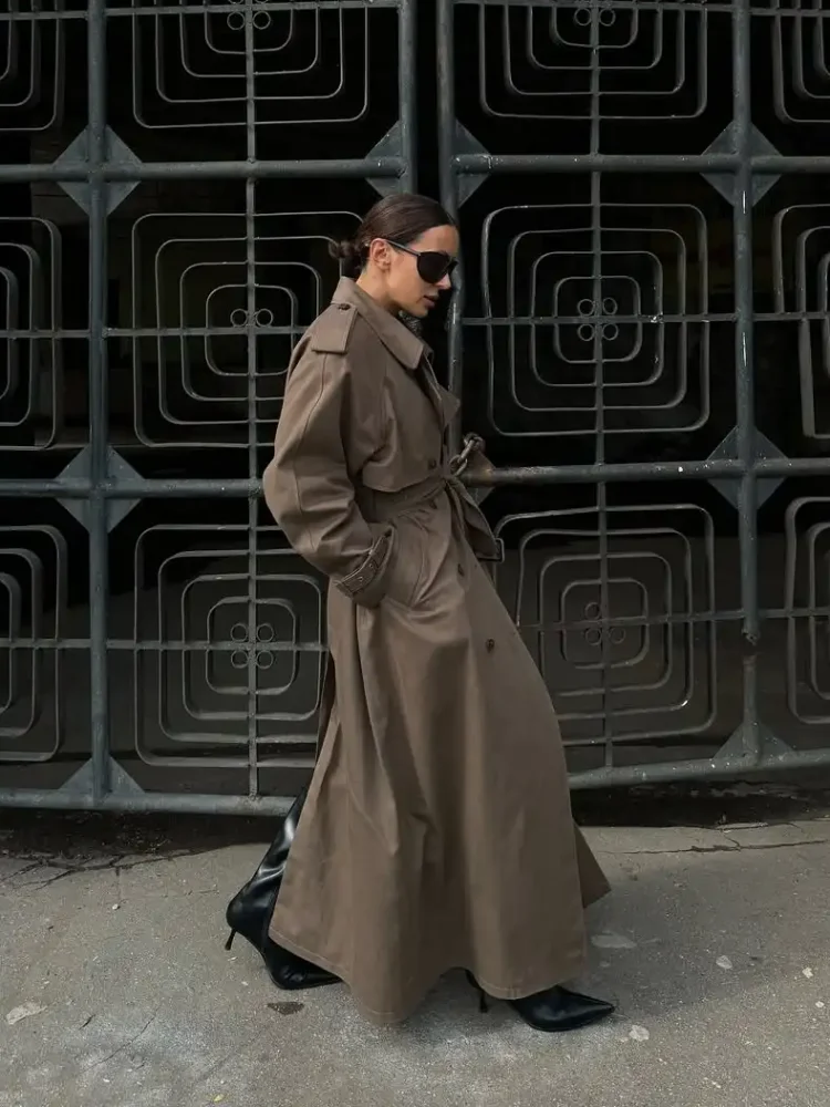 

Women Fashion Brown Lace Up Trench Coat Elegant Solid Lapel Double Breasted Loose Jacket Chic Lady New Autumn Street Windbreaker