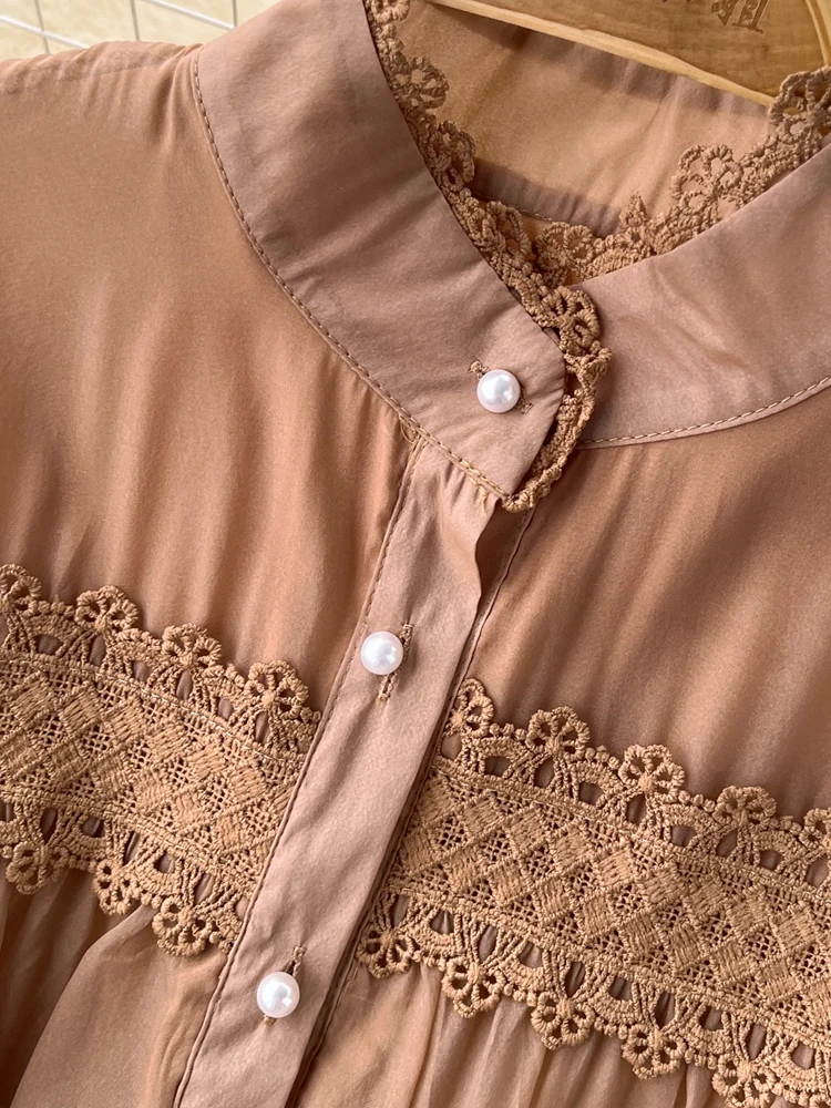 Luksusowa perłowa jednorzędowa długa koszulowa sukienka damska 2024 Jesień Vintage Koronkowe patchworkowe sukienki maxi z szarfami wiosna 4D122