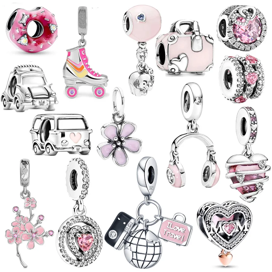 Pink Car Travel Bag Bead Headphones Cherry Blossoms Dangle Charms Fit Original 925 Sterling Silver Pandora Bracelet Jewelry Gift