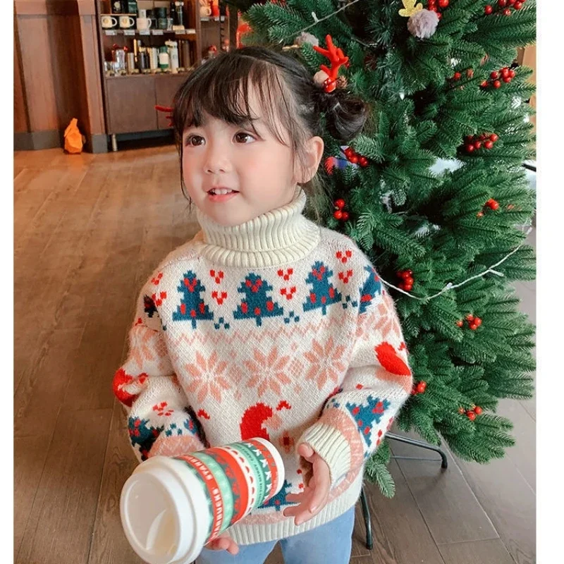 Winter Comfortable Warm Velvet Knitted Christmas Snowman Christmas Hat Baby Girls Sweaters High-necked Children's Top