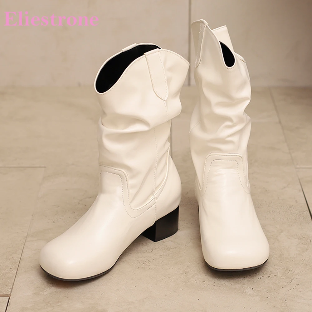 

2025 Новые зимние модные белые красные женские ботинки до середины икры Slouh, женские туфли на среднем блочном каблуке, маленькие большие размеры 11 30 43 46 50