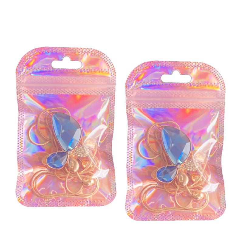 50X Resealable Holographic Mylar Bags Cute Pink Eyelash Packaging Bags For Lip Gloss Lash Foil Small Ziplock Bags With Hang Hook