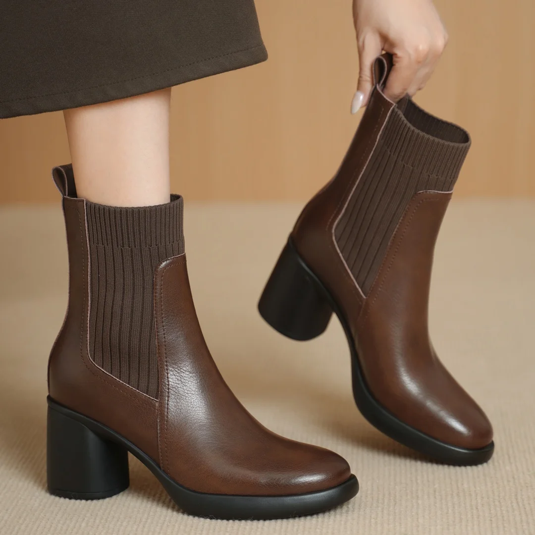 

Women's genuine leather stretch knit patchwork slip-on autumn ankle boots 7cm chunky heel platform casual female short booties