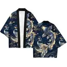 Fashion Chinese Ink Koi Fish Haori Kimono Cardigan Vintage Half Sleeve Open Coat Summer Casual Loose Clothing Tops