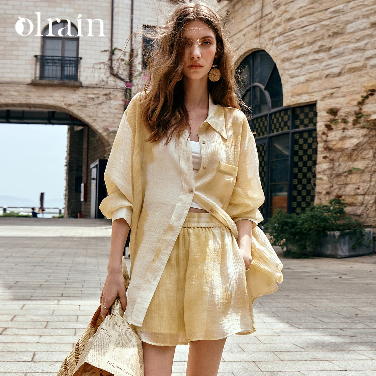 

OLrain Summer Women's 2025 French Smudge Shirt Elastic Waist Holiday Shorts Set Ladies 2 Piece Sets Woman Outfit O57XE99510