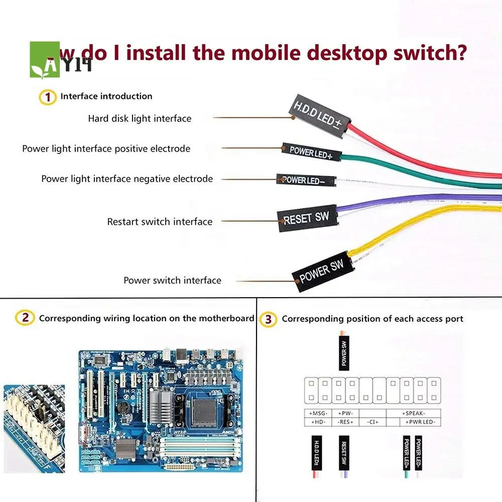 AY14 -Computer Case ATX Power On Off Reset Switch Cable With 2 LED Light Light Red Green ATX Case Front Bezel Wire,65Cm