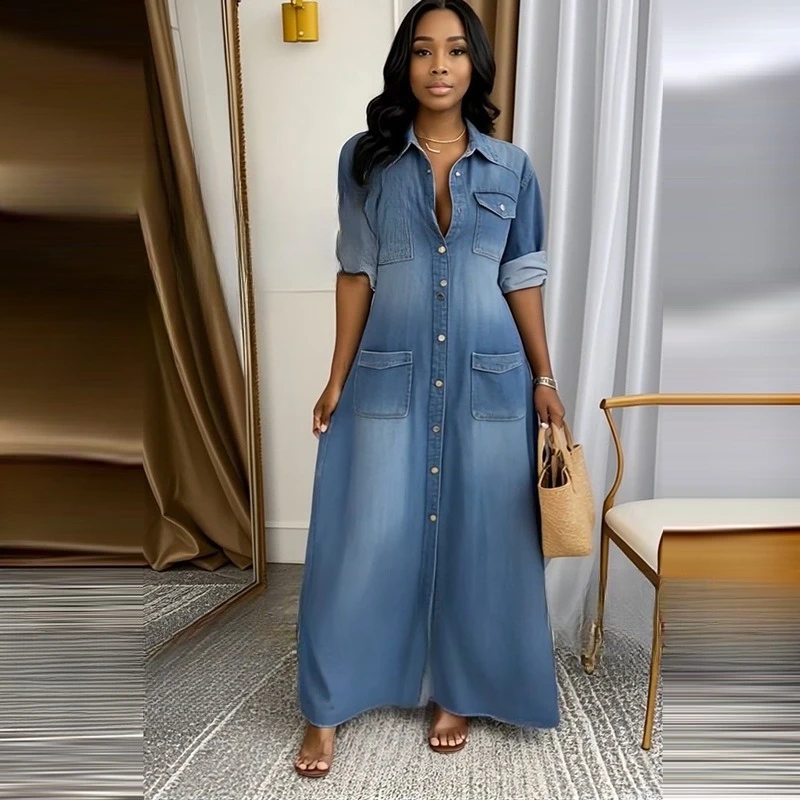 

Women Dresses Solid Denim Dress Single Breasted Turn Down Collar Long Sleeve High Street Vestidos Buttons Loose Fit Pockets