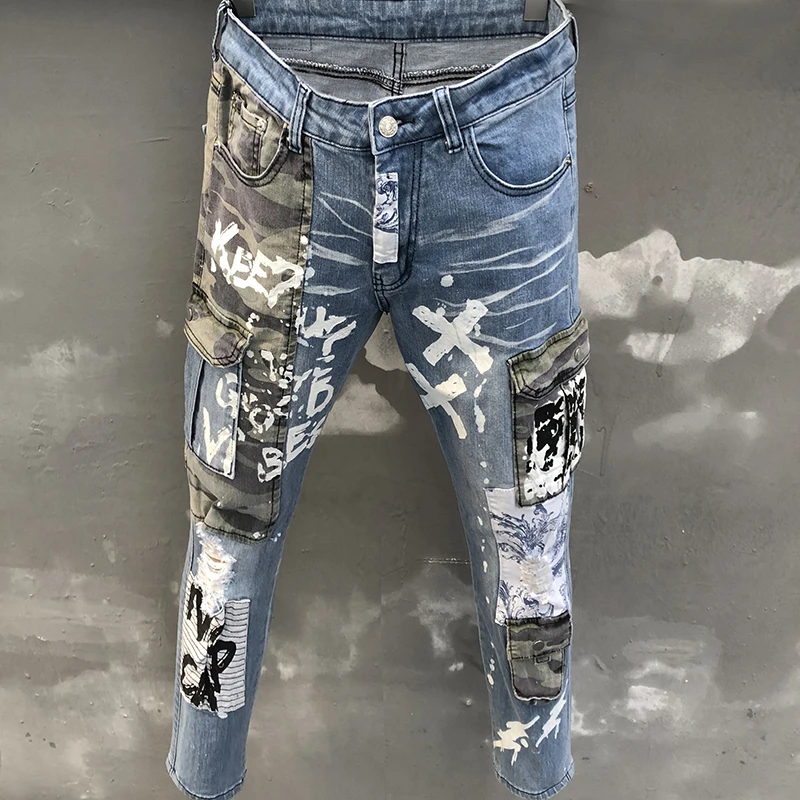 Men\'s European Style Hole Patch Multiple Pockets Jeans Men Slim Color Patchwork Hole Punk Pant Motorcycle Pants Hip Hop Jeans