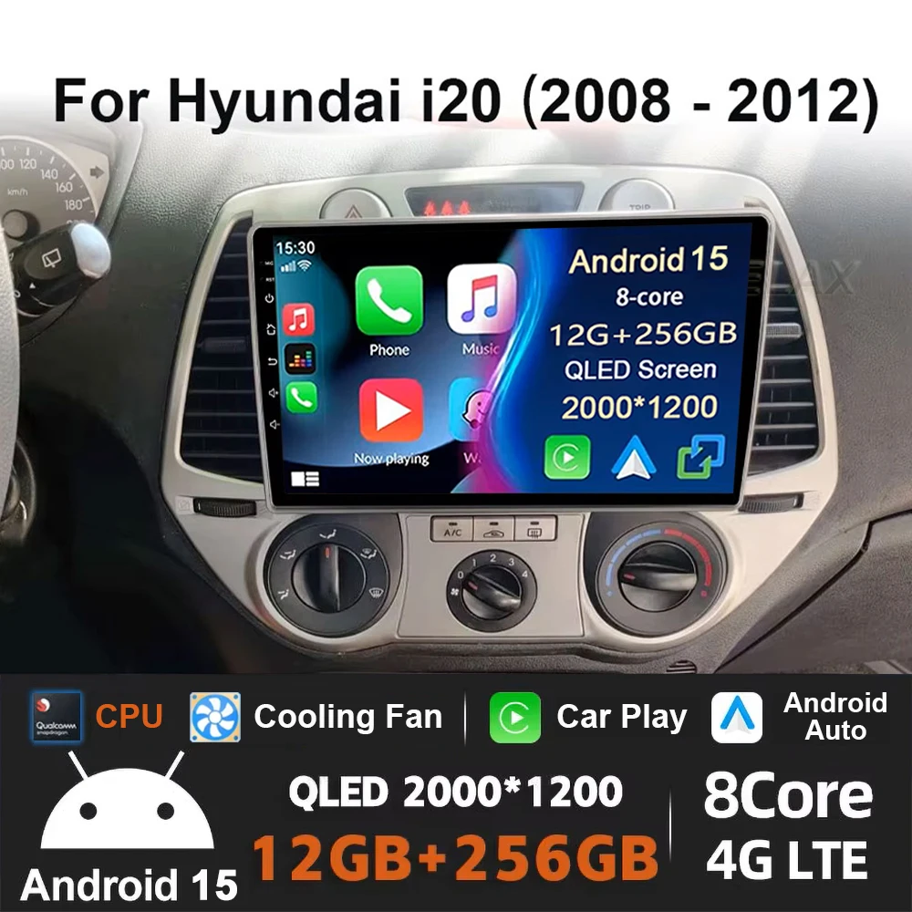 Android 15 Carplay para for Hyundai i20 2008 2009 2010 2011 2012 Radio de coche reproductor de vídeo Multimedia estéreo WIFI pan