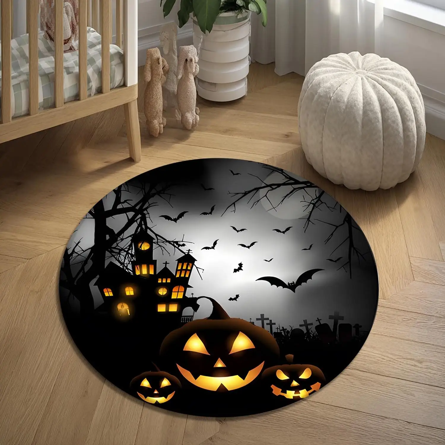 【Room Decoration Carpet】Halloween Round Carpet, Horror Pumpkin Carpet, Haunted House Floor Mat, Gothic Black and Orange Round Decoration