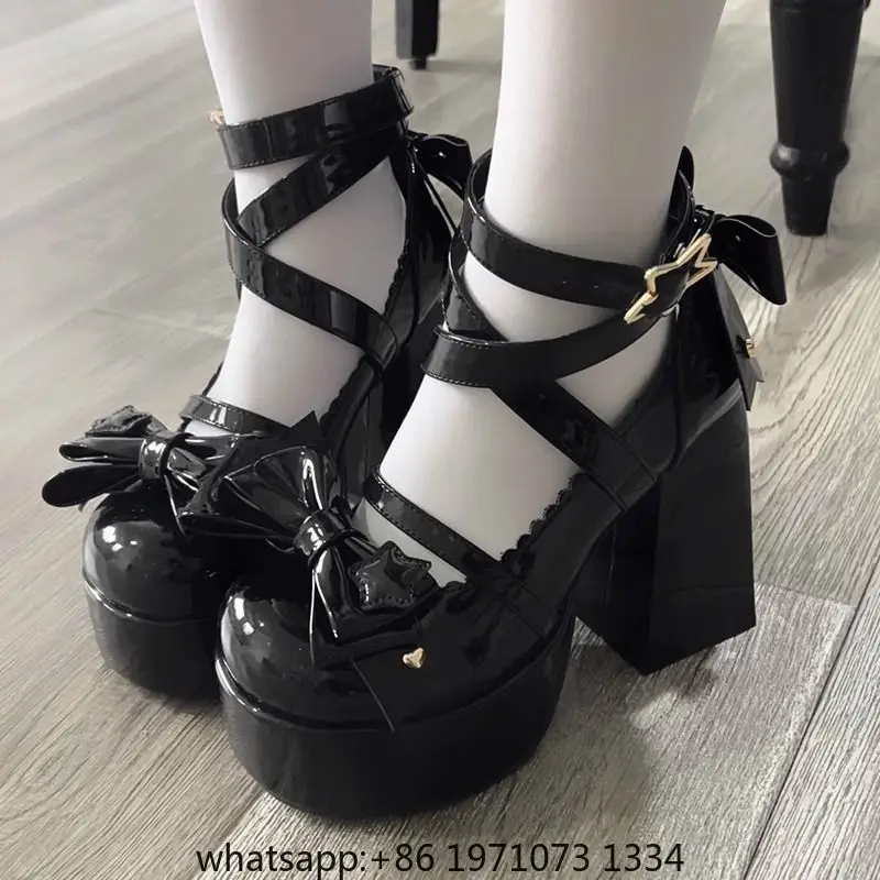 Lolita Shoes Women High Heels Shoes Woman Chunky Sandals Summer Mary Janes PU Leather Shoes Retro Bow Party Platform Pumps