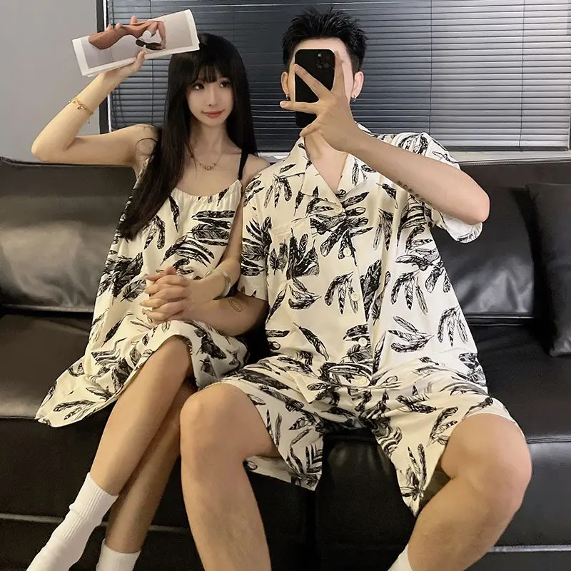 Couple pajamas summer short-sleeved thin section cute men and women short-sleeved shorts suspenders summer homewear suit