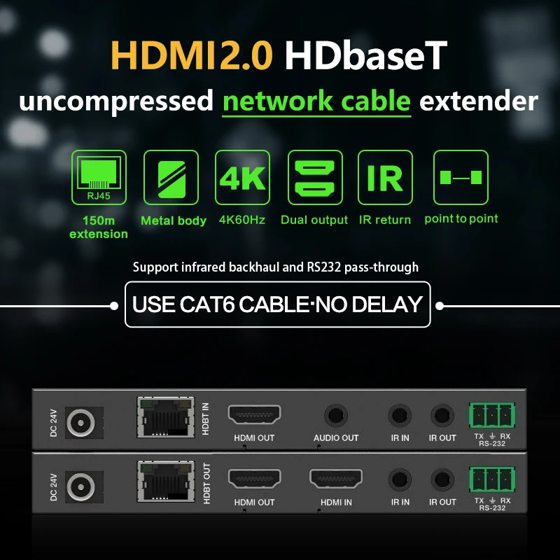 4k 60hz 150m hdmi extensor com áudio sobre rj45 ethernet cat5e/6 cabo ir rs232, transmissor de vídeo e receptor separador de som