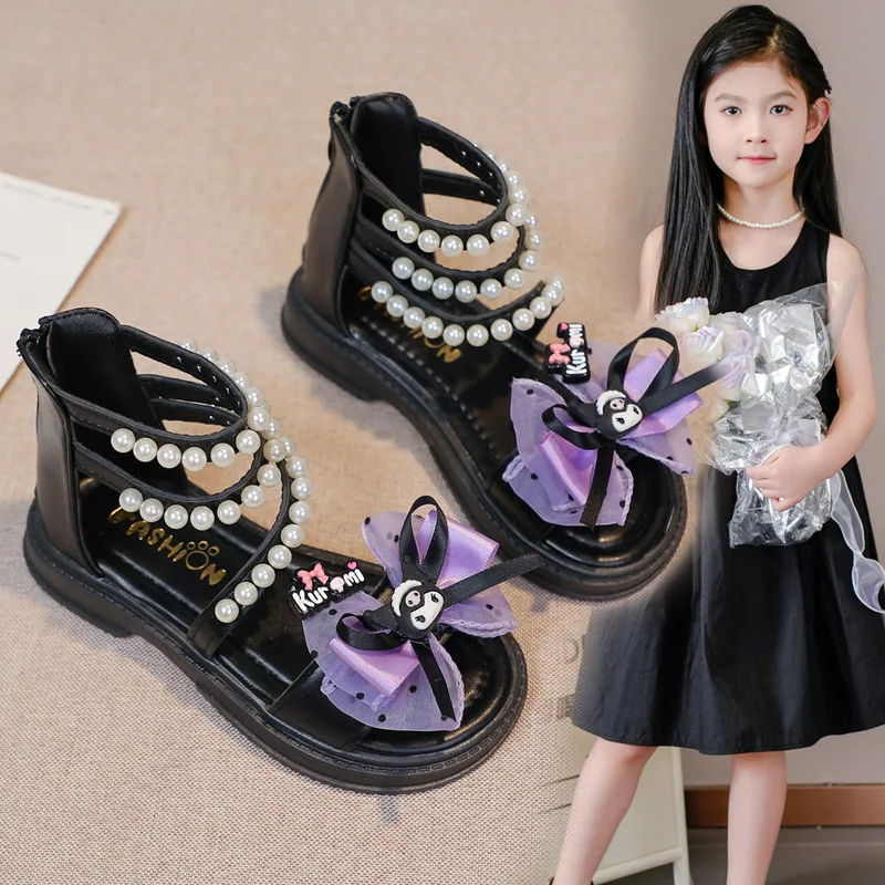 

Girls Roman Sandals Sweet Children's Summer Sandals with Bowtie Fashion Pearl Open-toe Kid Causal Princess High-top Flat Sandals