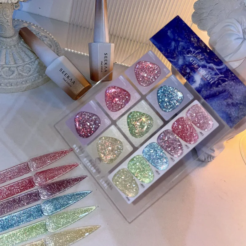 Nuevo Juego de 6 colores de Gel de discoteca reflectante, 15ml, Soak Off UV LED, Gel de uñas superbrillante, barnices de Gel con brillo semipermanente