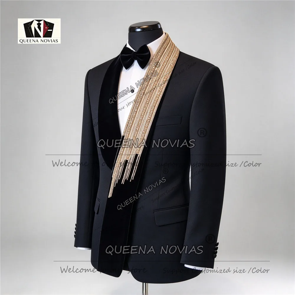Wedding Guest Tuxedo Suit For Man Luxury Designer Crystals Beaded Velvet Lapel Jacket Pants 2 Piece Groom Attire Costumes Hommes