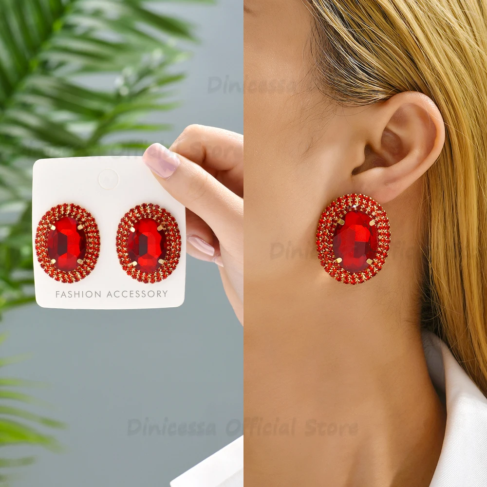 Vintage Charm Sparkly Glass Crystal Big Stud Earrings For Women Luxury Design  Unique Female Holiday Statement Y2k Jewelry Gift