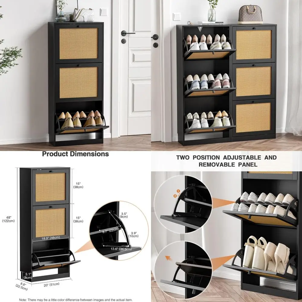 3-Tier Narrow Shoe Cabinet with Flip Drawers and Adjustable Shelves - Black Entryway Shoe Organizer Storage Solution