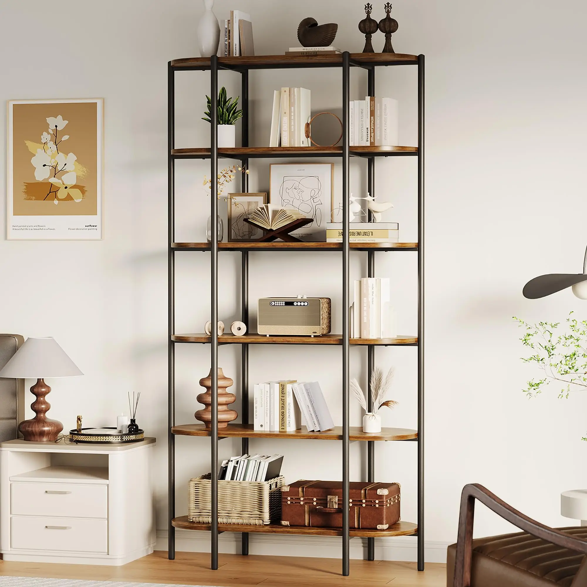 

Open Bookshelf,6 Tier Tall Bookcase Unique Bookshelves Wooden Vintage Bookshelf Metal Frame Display Shelf Home Storage for Home