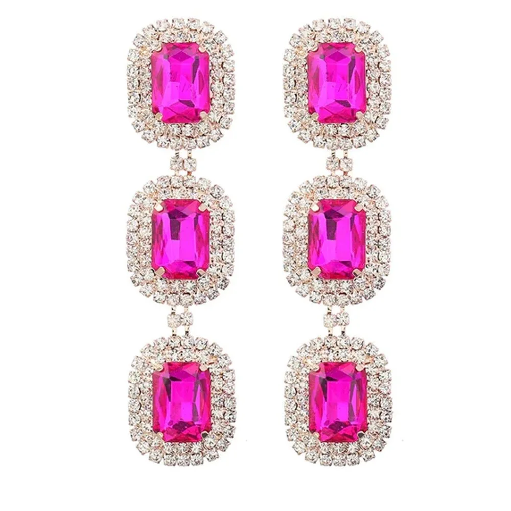 Stonefans Shiny Personalized Ruby Earring for Women New Fashion Rhinestone Square Pendant Earrings Elegant Party Banquet Jewelry