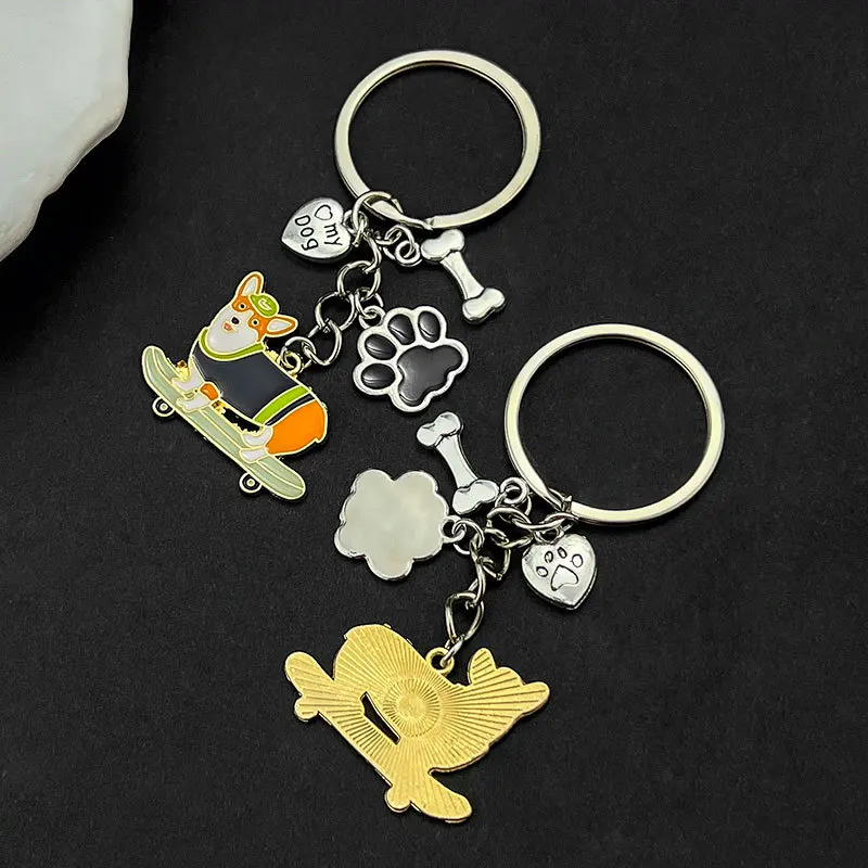 Cute Driving Puppy Keychain Cartoon Corgi Dog Claw Skateboard Pendant Keyring Creative Backpack Car Key Accessories Couple Gift