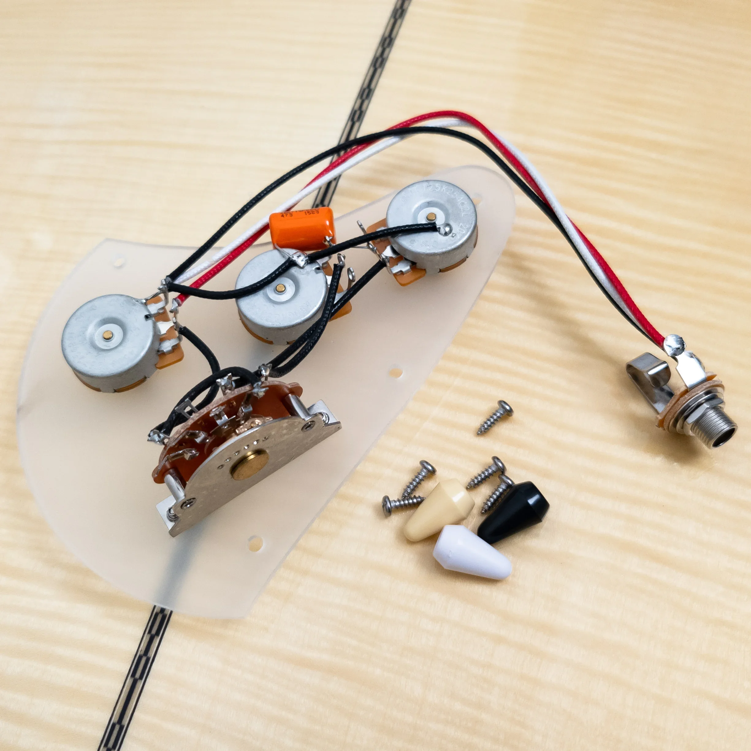 Loaded Prewired ST Guitar Pickguard Wiring Harness Kit, 3x250K Brass CTS Pots + 5-Way Blade Switch, CDE Orange Caps