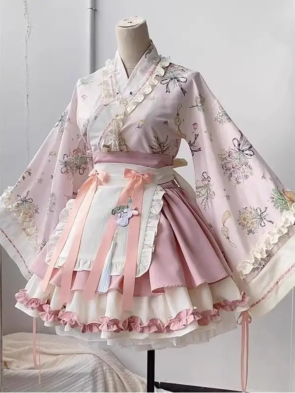 

Розовая юбка в стиле Лолита «Сакура» с большим воротником в китайском стиле, расклешенная, в стиле кимоно, для женщин, весна 2025
